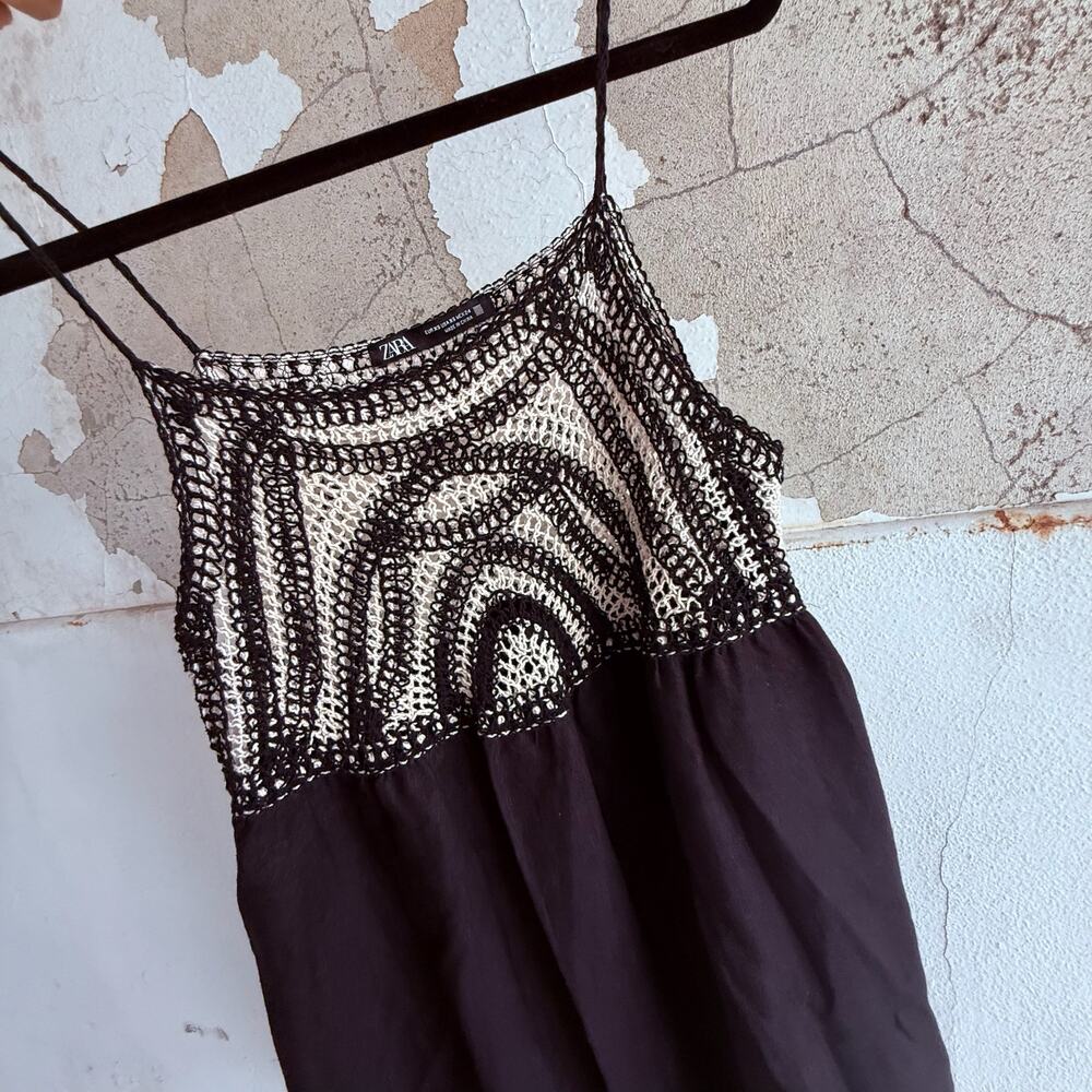 Zara Crochet Bodice Cotton Blend Mini Dress Cream Black Indie Coquette XS - Picture 9 of 9